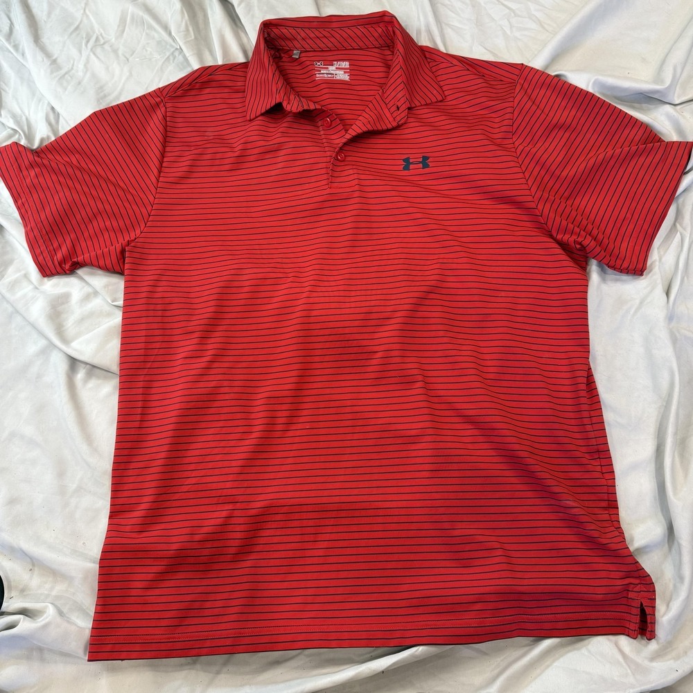 Under Armour Polo Shirt Mens XL Red Striped Short Sleeve Collared HeatGear Golf